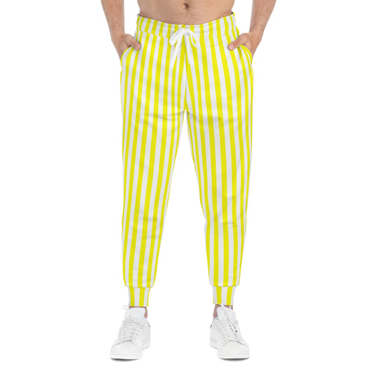 Front view of yellow striped joggers styled for Baton Rouge gameday—athletic, casual, and perfect for SEC tailgates